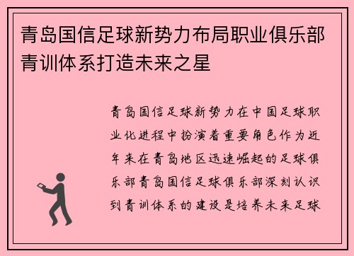 青岛国信足球新势力布局职业俱乐部青训体系打造未来之星