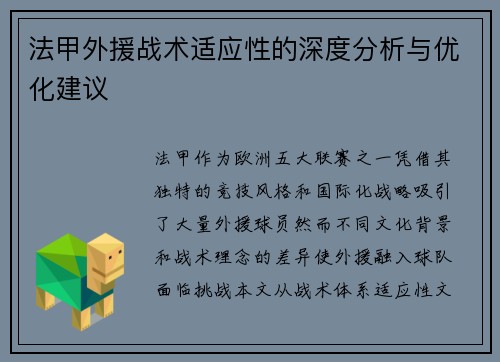 法甲外援战术适应性的深度分析与优化建议
